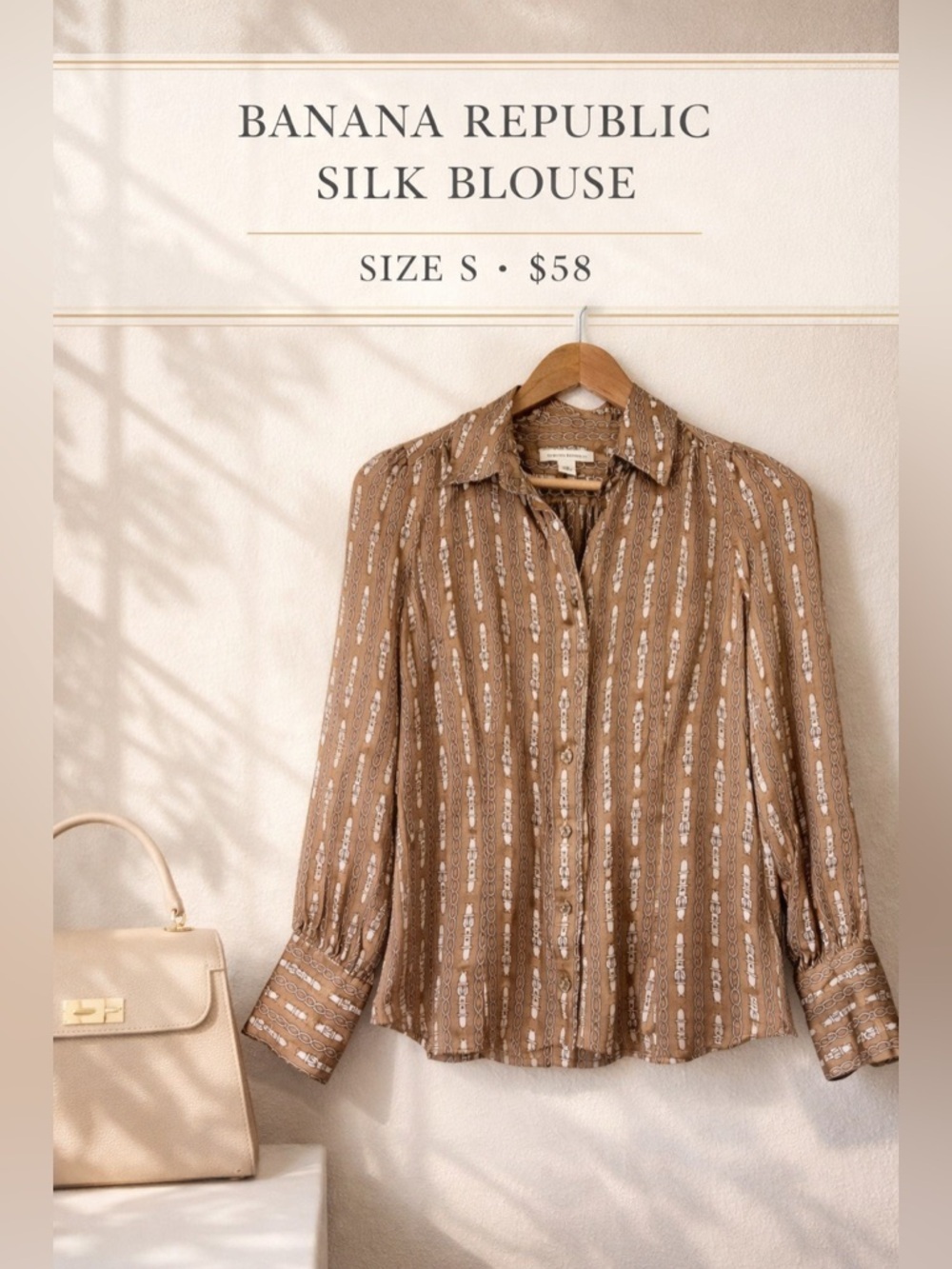 Banana Republic Brown Silk Chain Print Button Front Blouse Size S